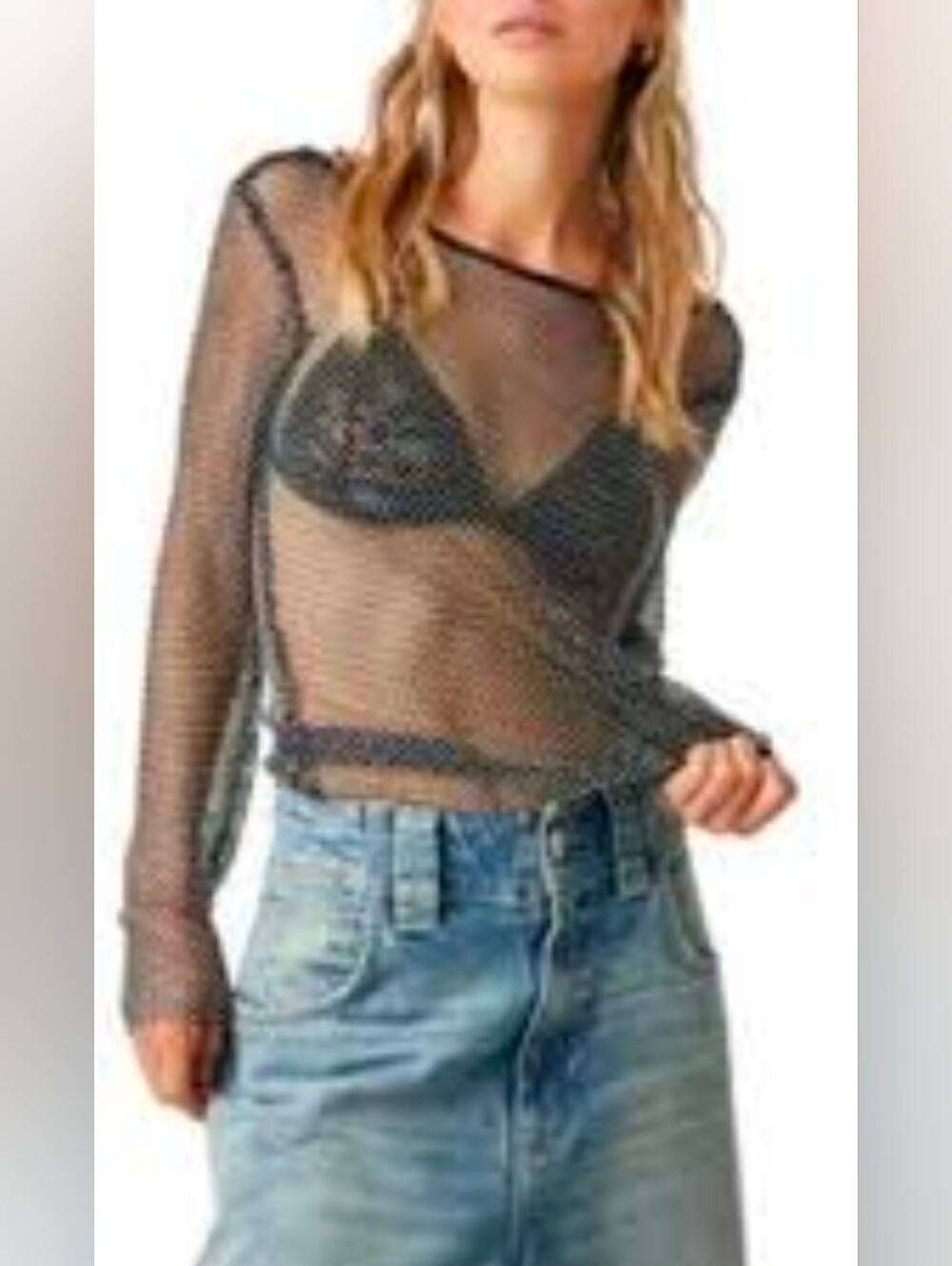 Endless Blu Sheer Black Metallic Mesh Long-Sleeve Top With Opal Rhinestone NWT